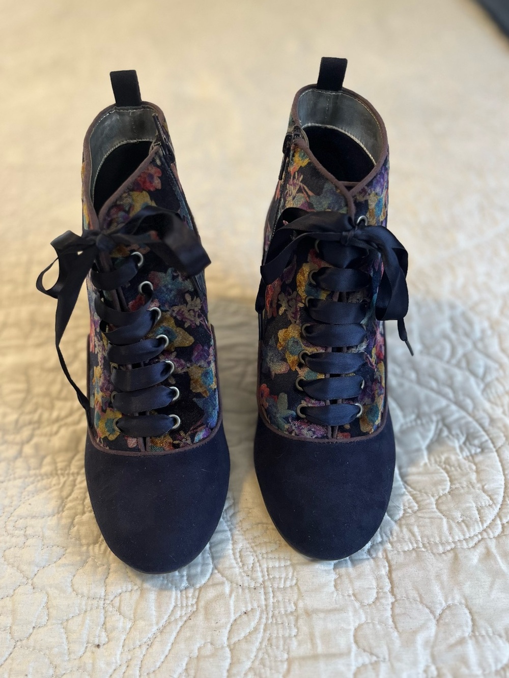 NWT - Ruby Shoo Navy Floral Booties with Satin Ribbon Laces